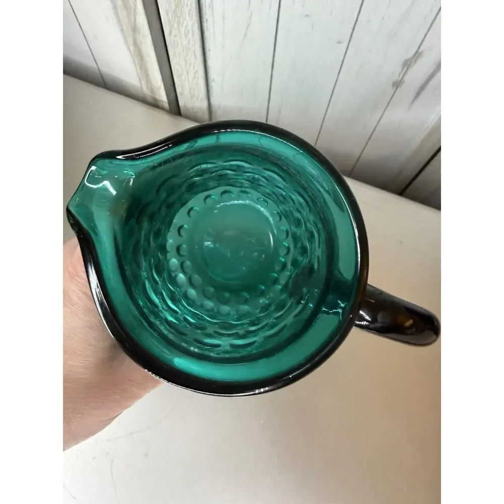 Vintage Hobnail Large Blown Glass Green Pitcher Applied Handle Victorian